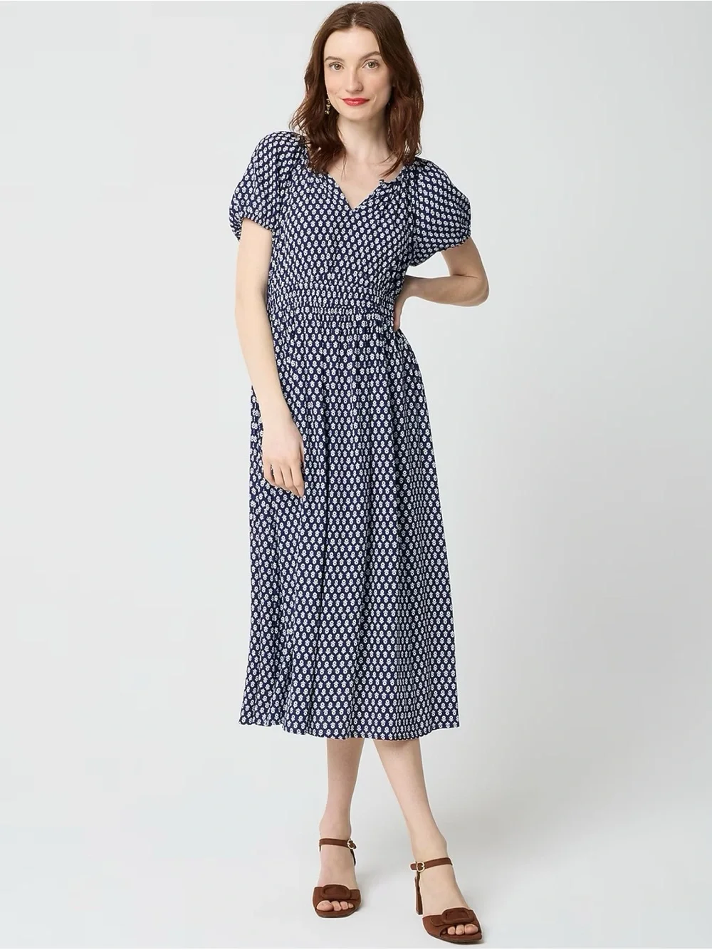 J.Crew Block-print midi dress Antique Navy Floral XXSP 2XSP NWT Puff Sleeve